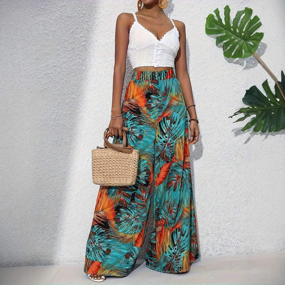 Forever 21 Summer Women's Tropical Vacation Loose High-Waist Wide-Leg Pants